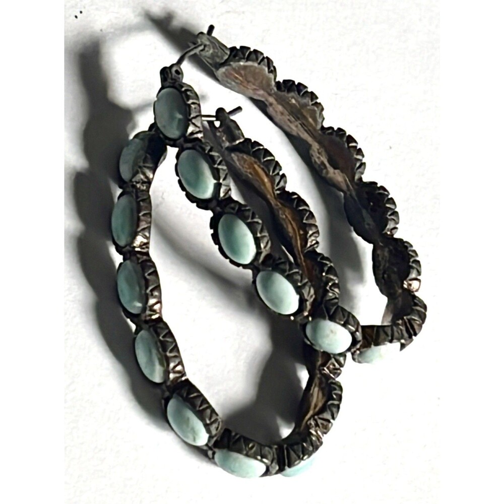 Aqua Blue Cabochon Hoop Earrings Large Gold Tone Boho Southwestern Statement